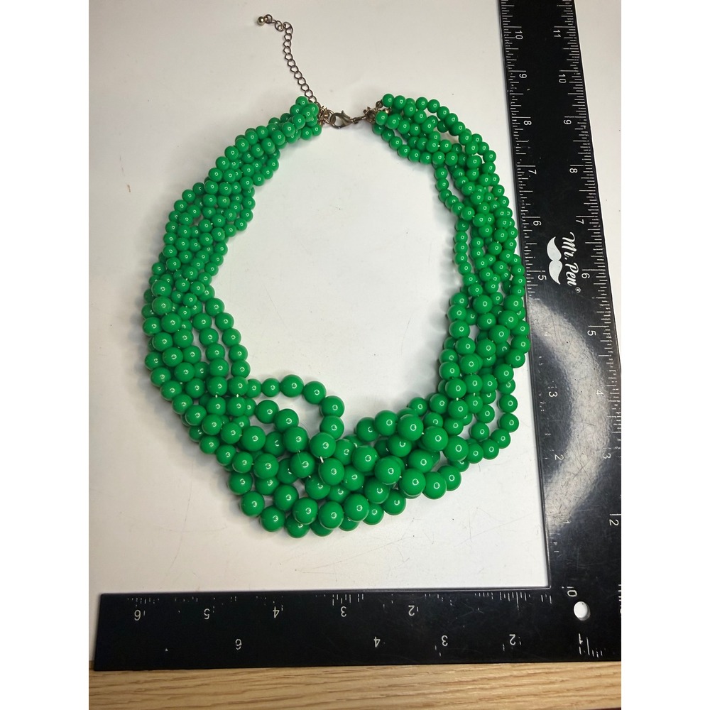 Green Multi Strand Beaded Statement Necklace Chunky Bib Kelly Green Layered